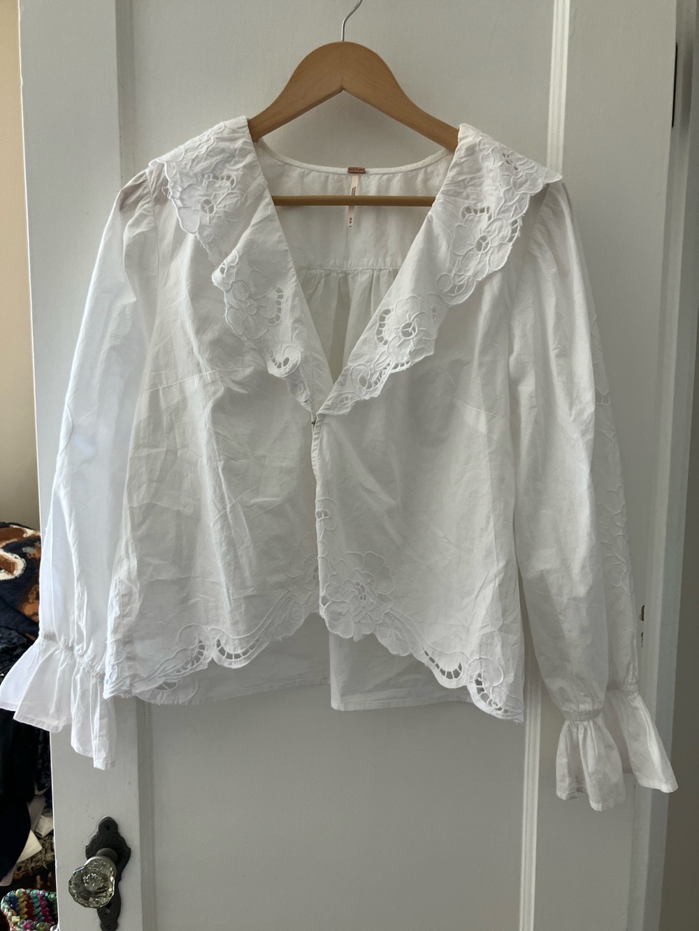 Free People White Cotton Eyelet Ruffled Collar Blouse